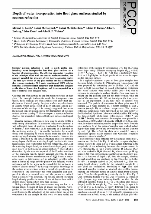 Depth of water incorporation into float glass surfaces studied by neutron reflection