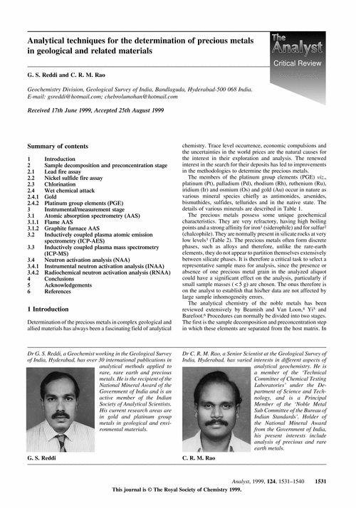 Analytical techniques for the determination of precious metals in geological and related materials