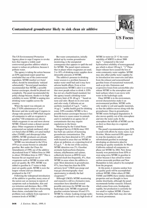 US Focus Contaminated groundwater likely to sink clean air additive