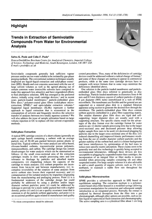 Highlight. Trends in extraction of semivolatile compounds from water for environmental analysis