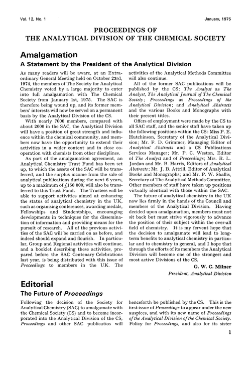 Amalgamation: a statement by the President of the Analytical Division