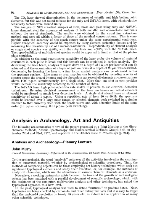 Analysis in archaeology, art and antiquities Proceedings of the