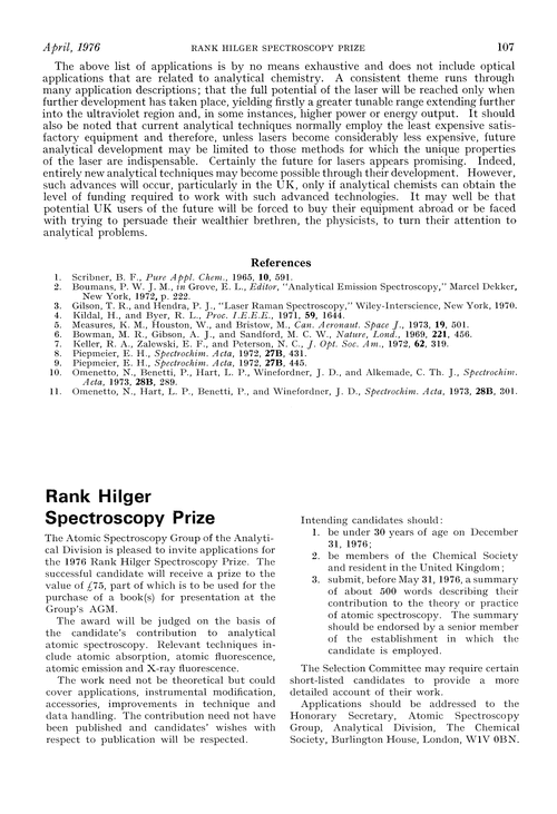 Rank Hilger Spectroscopy Prize Proceedings of the Analytical Division