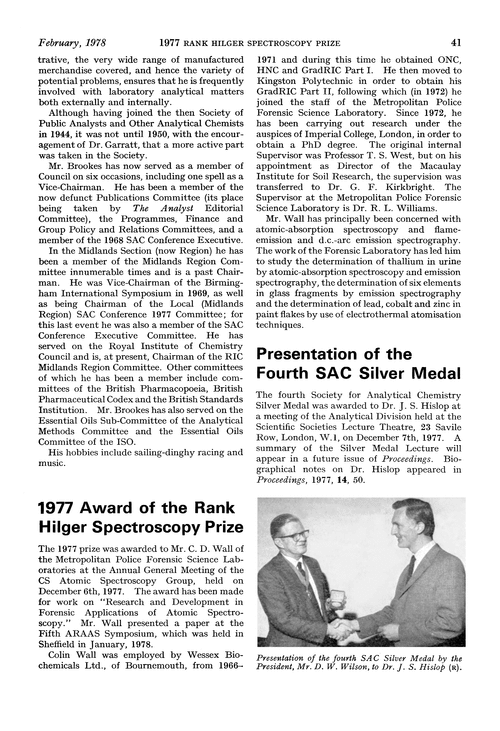 1977 Award of the Rank Hilger Spectroscopy Prize