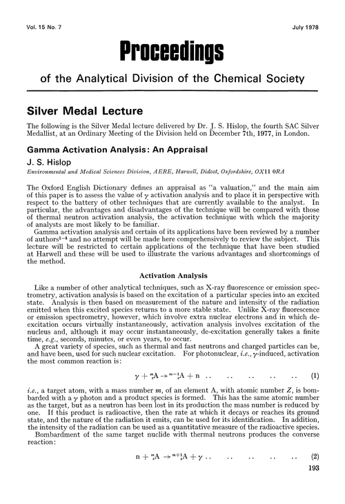 Silver Medal lecture. Gamma activation analysis: an appraisal