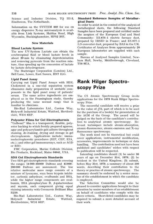 Rank Hilger Spectroscopy Prize Proceedings of the Analytical Division