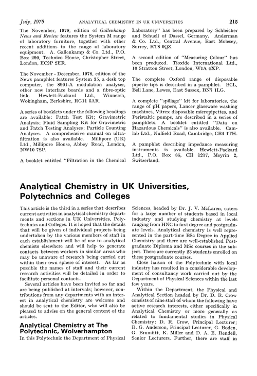 Analytical chemistry in UK universities, polytechnics and colleges