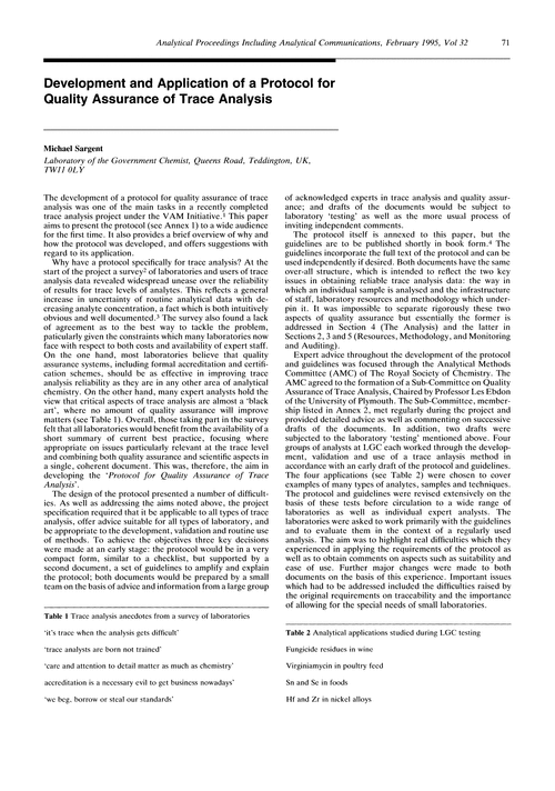 Development and application of a Protocol for Quality Assurance of Trace Analysis