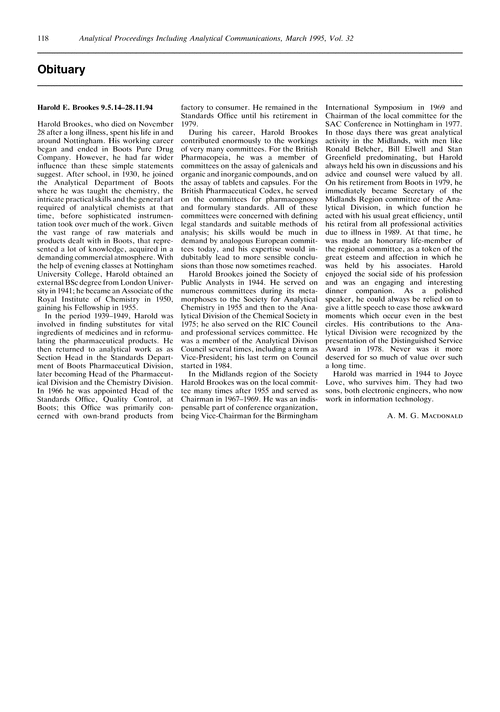 Obituary: Harold E. Brookes, 1914–1994