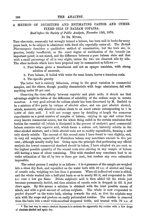 A method of detecting and estimating castor and other fixed oils in balsam copaiba