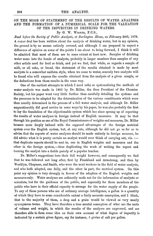 On the mode of statement of the results of water analysis and the formation of a numerical scale for the valuation of the impurities in drinking waters
