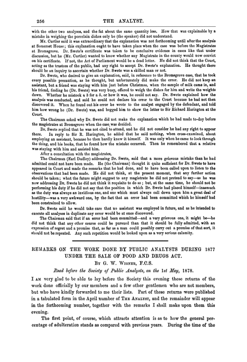 Remarks on the work done by Public Analysts during 1877 under the Sale of Food and Drugs Act