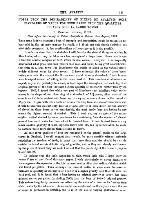 Notes upon the desirability of fixing by analysis some standards of value for beer based upon the qualities usually sold in large towns