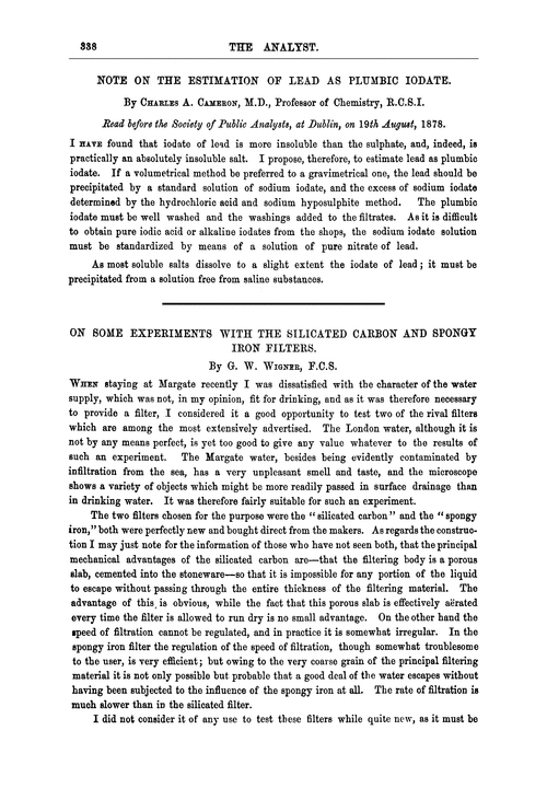 On some experiments with the silicated carbon and spongy iron filters