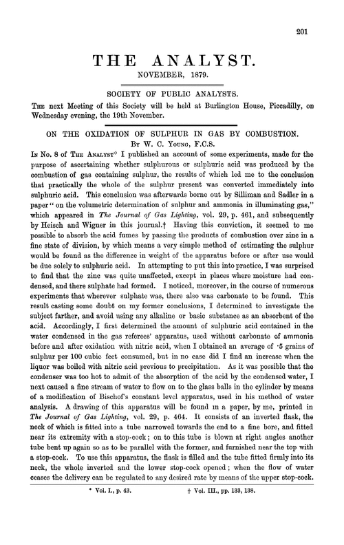 On the oxidation of sulphur in gas by combustion