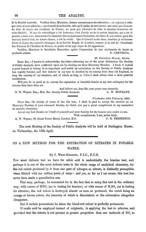 On a new method for the estimation of nitrates in potable water
