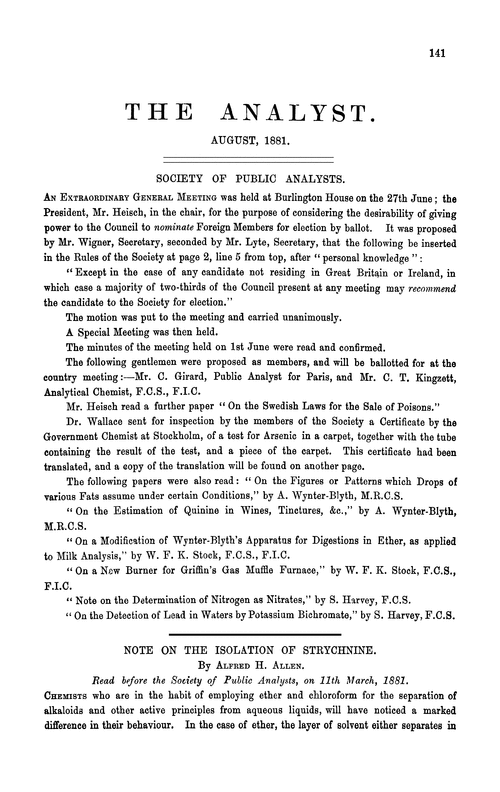 Note on the isolation of strychnine