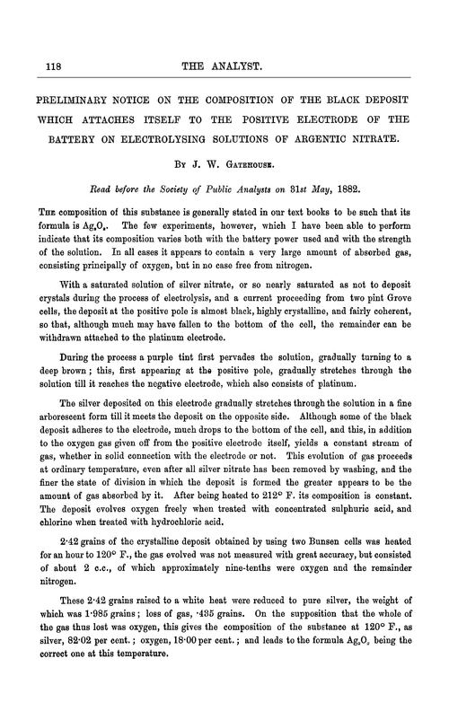 Preliminary notice on the composition of the black deposit which attaches itself to the positive electrode of the battery on electrolysing solutions of argentic nitrate