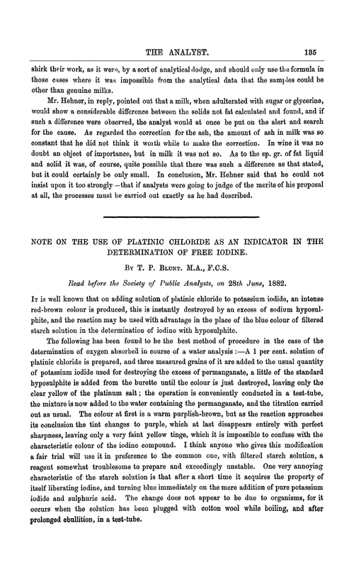 Note on the use of platinic chloride as an indicator in the determination of free iodine