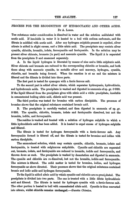 Process for the recognition of hydrocyanic and other acids