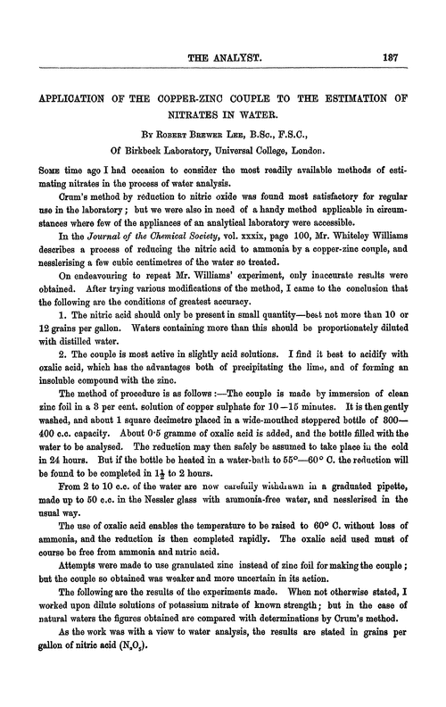 Application of the copper-zinc couple to the estimation of nitrates in water