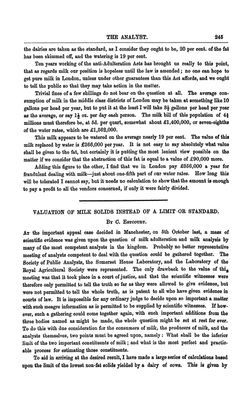 Valuation of milk solids instead of a limit or standard