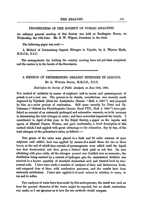 A method of determining organic nitrogen in liquids
