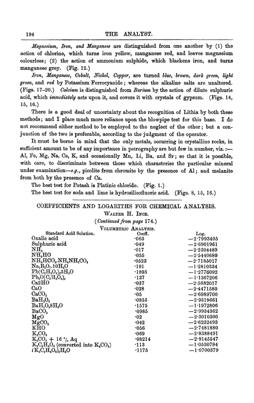 Coefficients and logariths for chemical analysis
