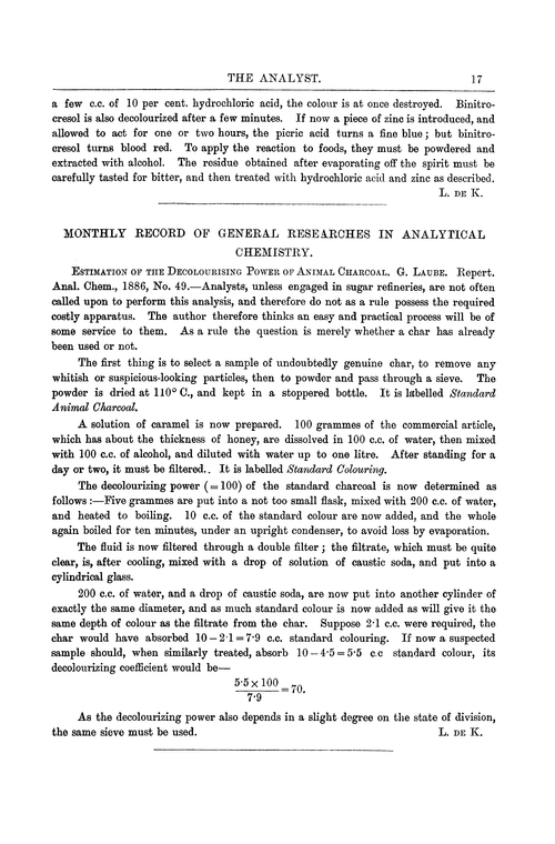 Monthly record of general researches in analytical chemistry