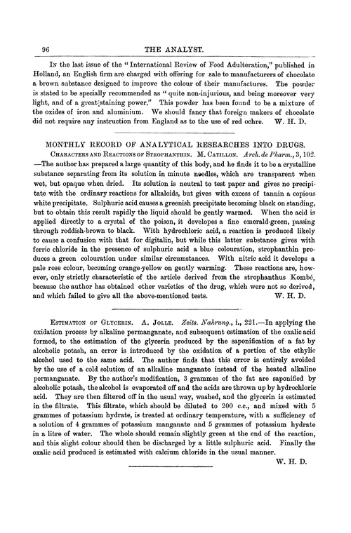 Monthly record of analytical researches into drugs