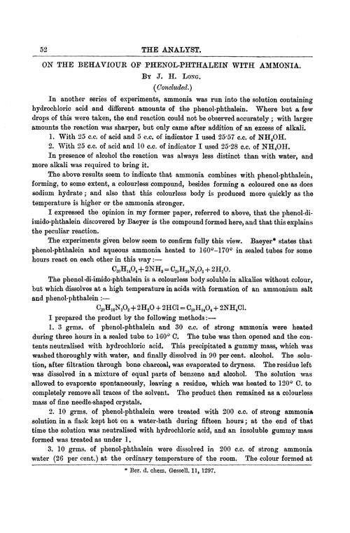 On the behaviour of phenol-phthalein with ammonia