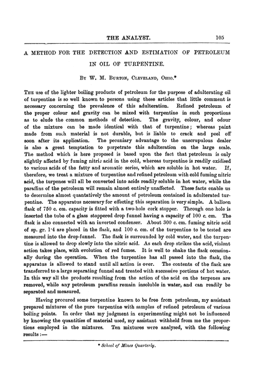 A method for the detection and estimation of petroleum in oil of turpentine