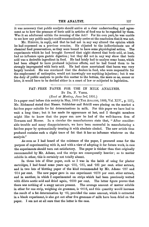 Fat-free paper for use in milk analysis