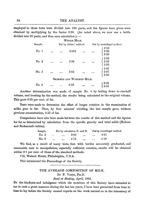 The average composition of milk