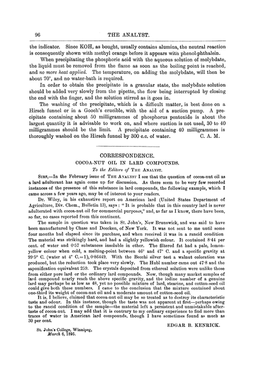 Correspondence. Cocoanut oil in lard compounds Analyst (RSC Publishing)
