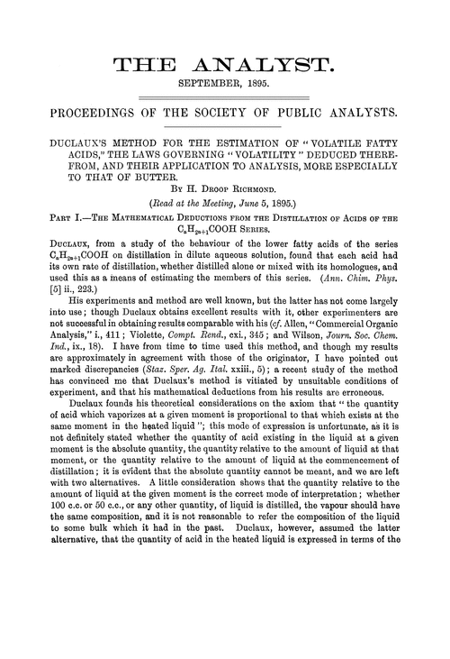 Duclaux's method for the estimation of “volatile fatty acids,” the laws governing “volatility” deduced there-from, and their application to analysis, more especially to that of butter