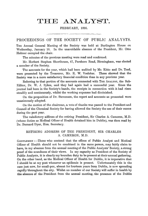 Retiring address of the President, Sir Charles A. Cameron, M.D.