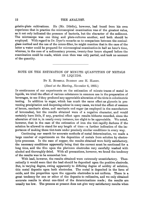 Note on the estimation of minute quantities of metals in liquids