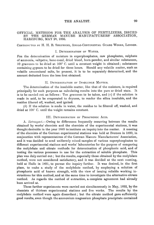 Official methods for the analysis of fertilizers, issued by the German Manure Manufacturers' Association, Harzburg, May 28, 1895