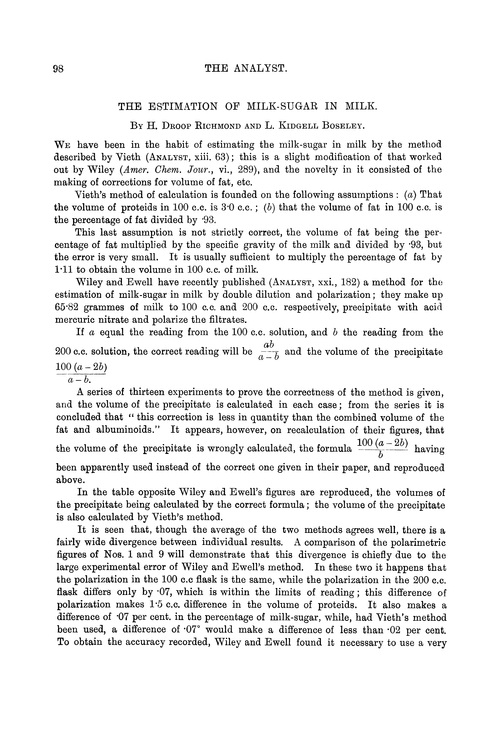 The estimation of milksugar in milk Analyst (RSC Publishing)