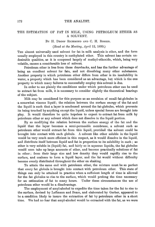 The estimation of fat in milk, using petroleum ether as a solvent