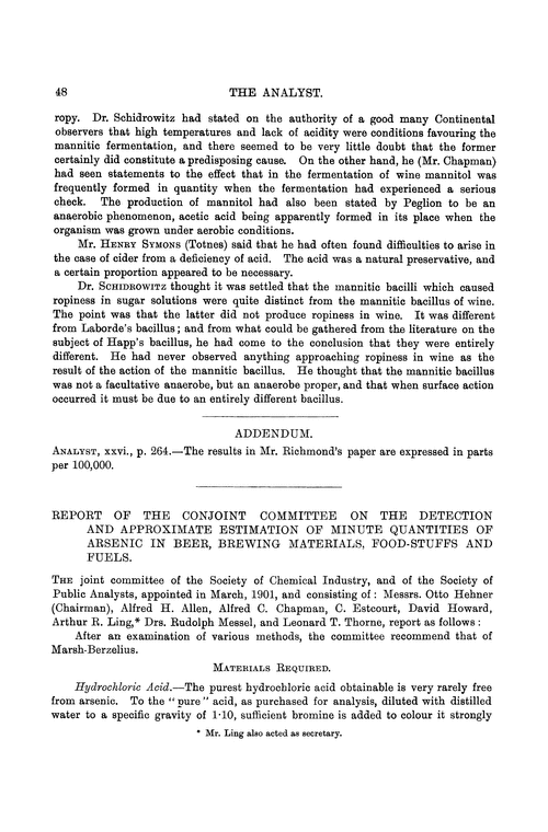 Report of the Conjoint Committee on the detection and approximate estimation of minute quantities of arsenic in beer, brewing materials, food-stuffs and fuels