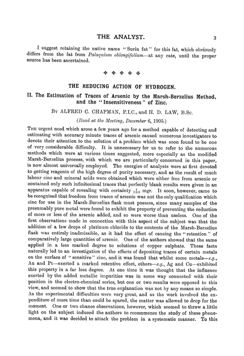 The reducing action of hydrogen. II. The estimation of traces of arsenic by the Marsh-Berzelius method, and the “insensitiveness” of zinc