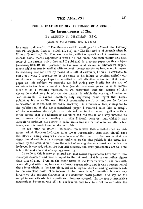 The estimation of minute traces of arsenic. The insensitiveness of zinc