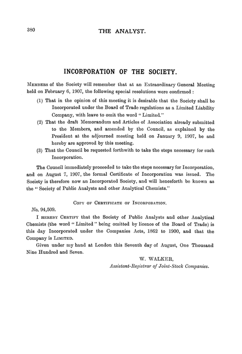 Incorporation of the Society