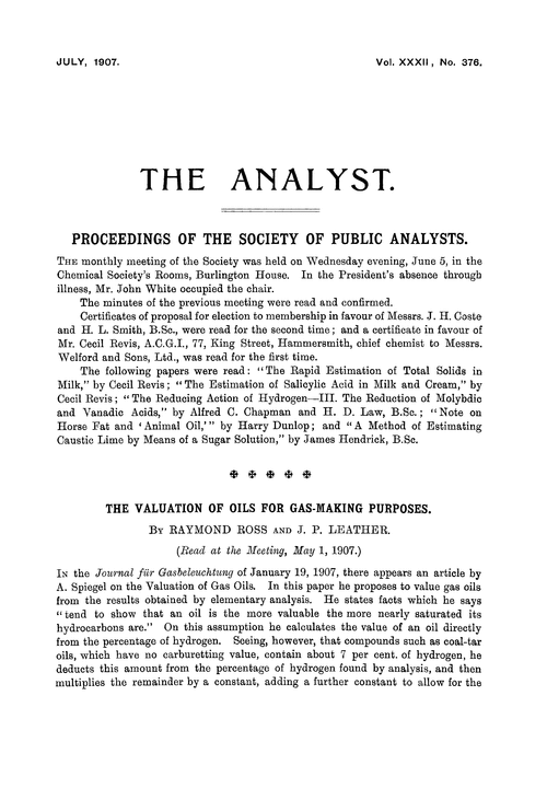 The valuation of oils for gas-making purposes