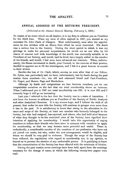 Annual address of the Retiring President