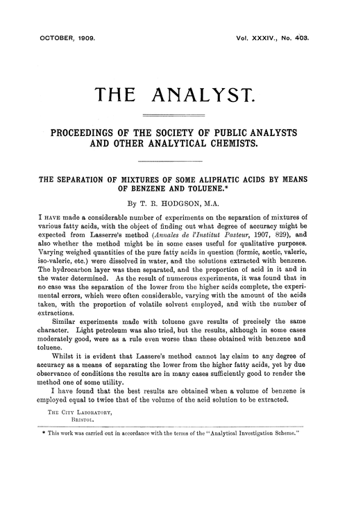 The separation of mixtures of some aliphatic acids by means of benzene and toluene