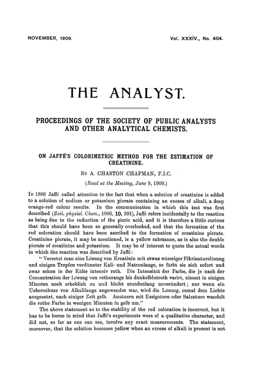 On Jaffé's colorimetric method for the estimation of creatinine