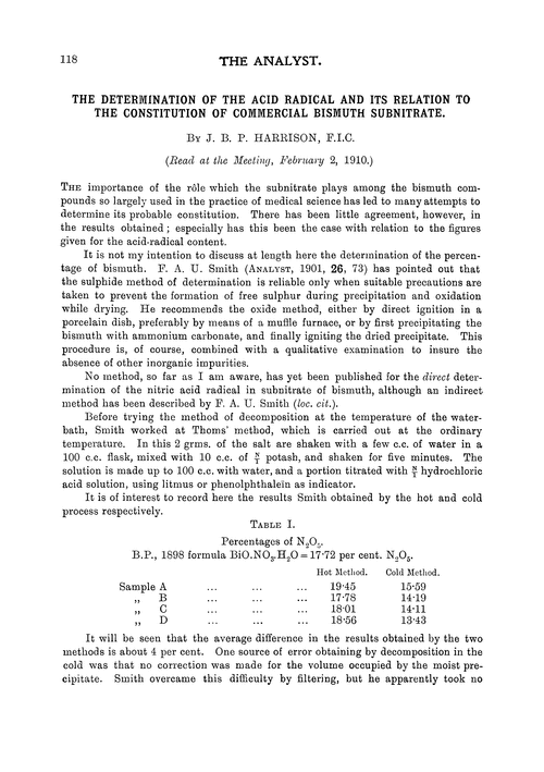 The determination of the acid radical and its relation to the constitution of commercial bismuth subnitrate